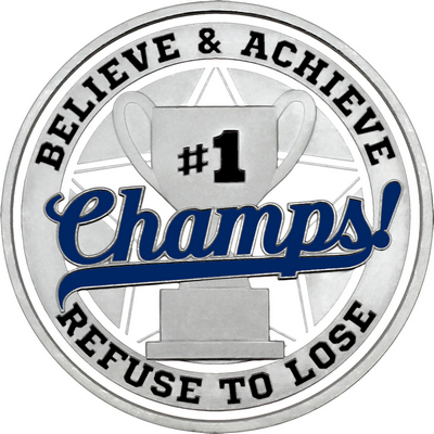 Navy Blue "Champs!" with White Outer Circular Borders
